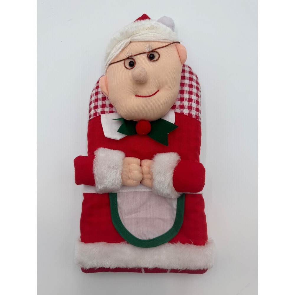 Vintage Mrs Claus Christmas Oven Mitt Red Gingham Check Holiday Kitchen Decor